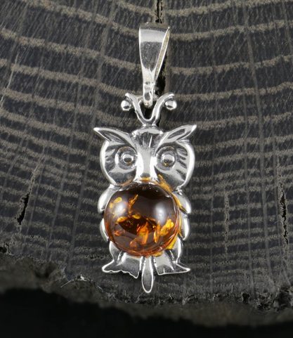 OWL, AMBER, SILVER PENDANT