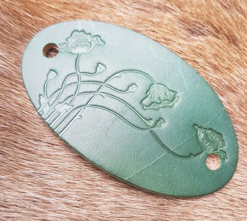 RED POPPY, LEATHER HAIR CLIP, GREEN