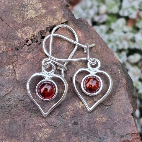 HEART, SILVER EARRINGS, AMBER, AG 925