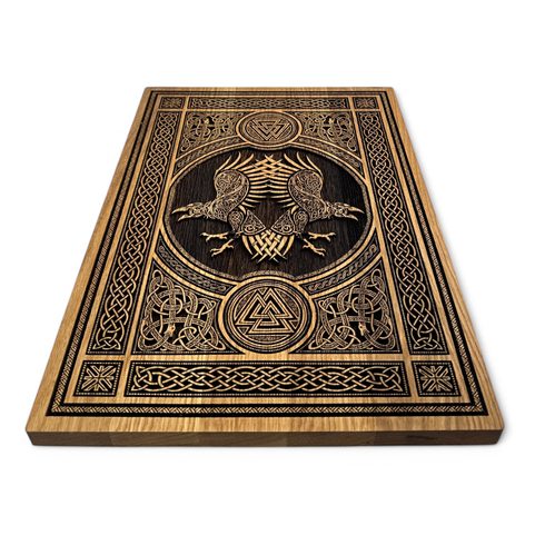 HUNINN AND MUNINN WITH ORNAMENTS, WALL DECORATION, WOOD 32X46CM