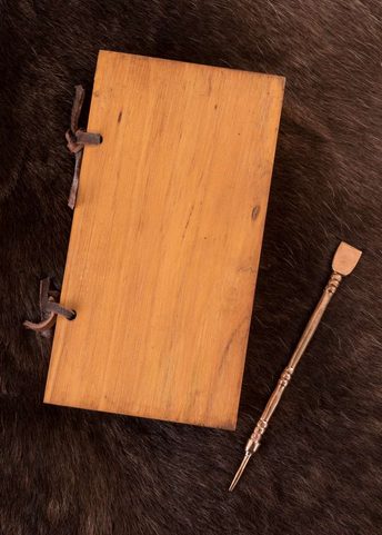 WOODEN WAX TABLET DIPTYCH WITH BRASS CHISEL