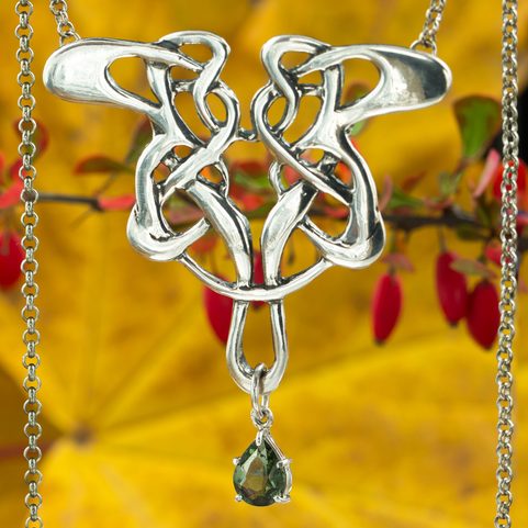ART NOUVEAU, SILVER NECKLACE, MOLDAVITE