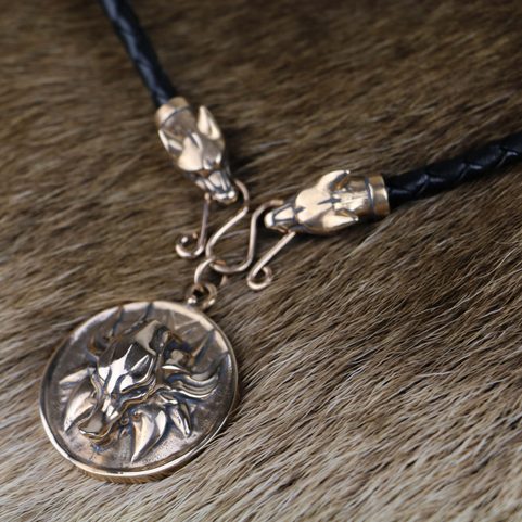 SLAVIC WOLF NECKLACE, BRONZE, LEATHER