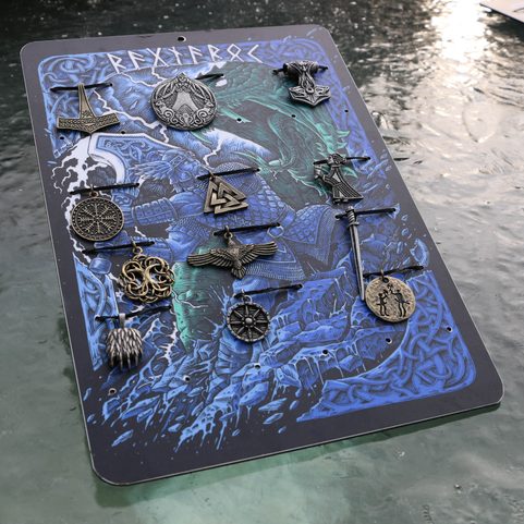 VIKING AMULETS 12 PIECES AND A PRESENTATION BOARD, DISCOUNTED SET