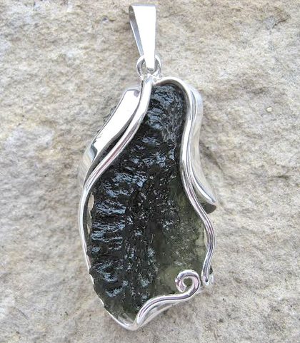 NEBULA, RAW MOLDAVITE PENDANT, STERLING SILVER