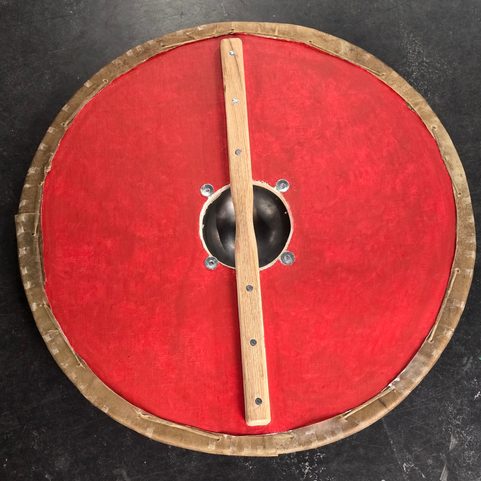 PAINTED VIKING SHIELD, PLYWOOD, LINEN, LEATHER