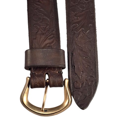 OAK, LEATHER BELT WITH OAK DECORATION, BROWN, BRONZE