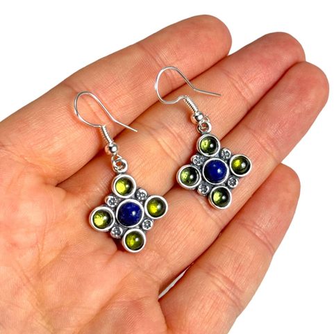 PRAGA, MEDIEVAL SILVER EARRINGS, PERIDOT AND LAPIS LAZULI, AG 925/1000