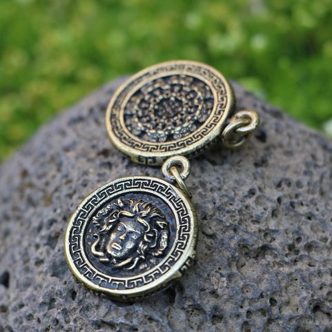 GREEK MEDUSA, MYTHOLOGY, ZINC PENDANT, ANT. BRASS