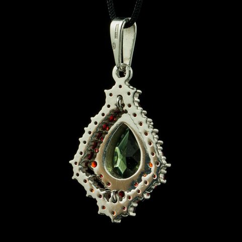 MOLDAU, MOLDAVITE, GARNET, SILVER PENDANT