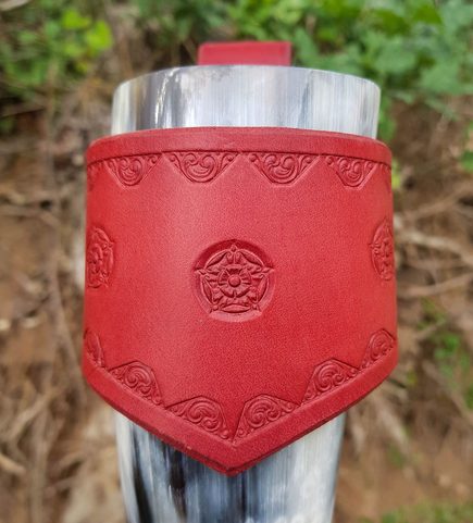 FLOWER, LEATHER DRINKING HORN HOLDER, RED
