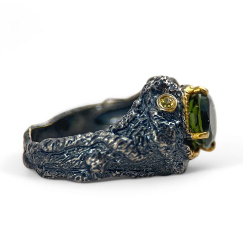 HERCINIA SILVER RING WITH MOLDAVITE AND GARNET, AG 925/1000