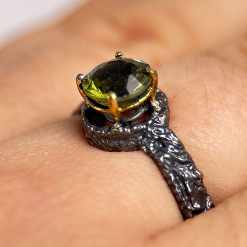 KRUMAU, MOLDAVITE, SILVER RING, AG 925/1000
