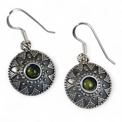 ANTICA ROMA, SILVER EARRINGS, MOLDAVITE, AG 925/1000