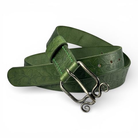 POMMES DE PIN, CEINTURE EN CUIR, FORESTIER, BOUCLE FORGÉE