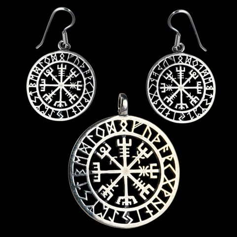 VEGVÍSIR - ICELANDIC COMPASS, EARRINGS AND PENDANT, SILVER