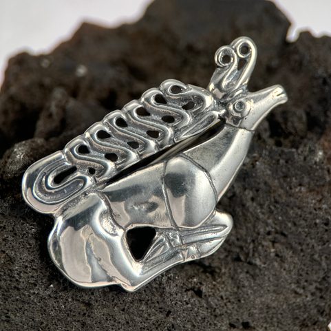 SCYTHIAN STAG BROOCH, STERLING SILVER