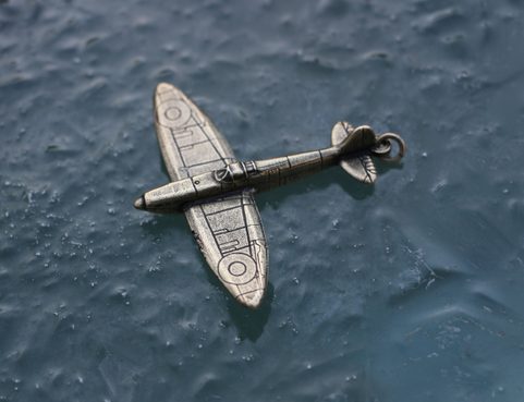 SUPERMARINE SPITFIRE KEY CHAIN, AIRCRAFT PENDANT, ANTIQUE BRASS