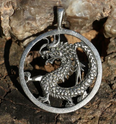 DRAGON, CHINESE PENDANT, TIN AMULET