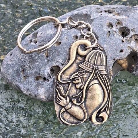 WATER GOBLIN, KEYCHAIN, ZINC, ANTIQUE BRASS