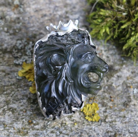 LION, RAW MOLDAVITE PENDANT, STERLING SILVER - GLYPTICA