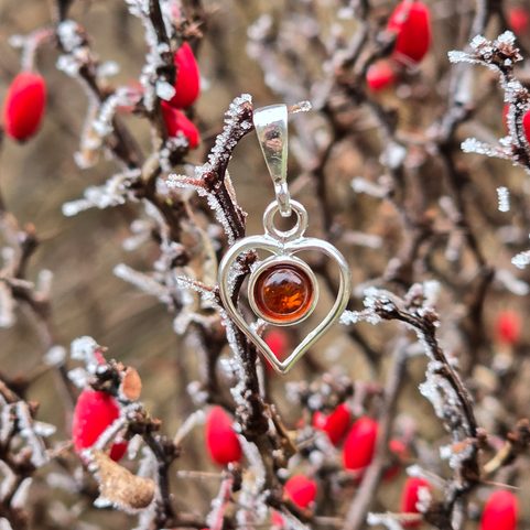 HEART, SILVER PENDANT, AMBER, AG 925