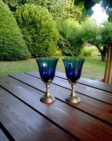 BLUE HUE, GOBLET, BLUE GLASS AND PEWTER