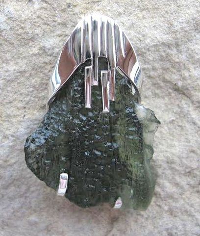 ASTERA, RAW MOLDAVITE PENDANT, STERLING SILVER