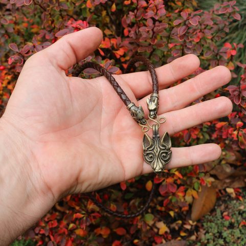 VIKING WOLF NECKLACE, BRAIDED CORD, ZINC