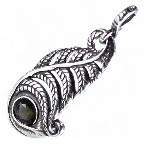 PENDENTIF EN ARGENT AVEC MOLDAVITE, MOTIF FOUGÈRE, AG 925