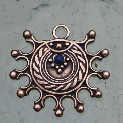 DEVANA, SLAVIC SUN AMULET, BRONZE LAPIS