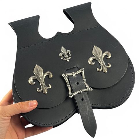 SACOCHE MÉDIÉVALE EN CUIR, FLEUR DE LIS, NOIR