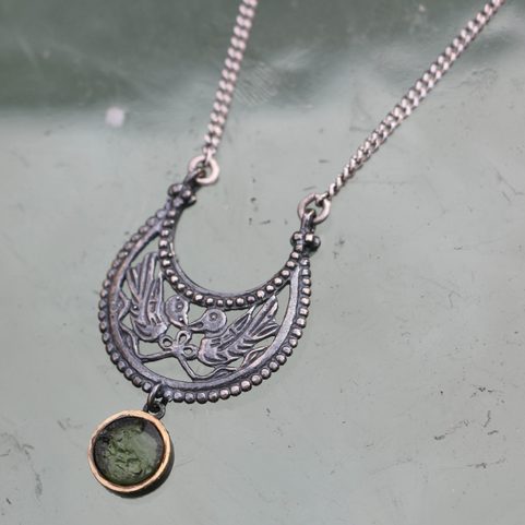 VIKING BIRDS - NECKLACE, SILVER 925 AND MOLDAVITE