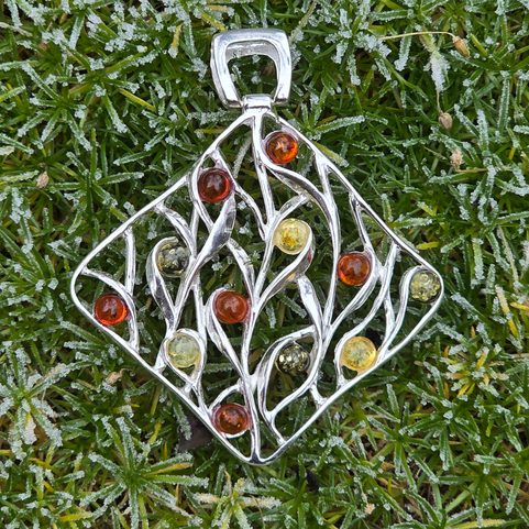 AUTUMN TREE, SILVER PENDANT WITH AMBER, AG 925