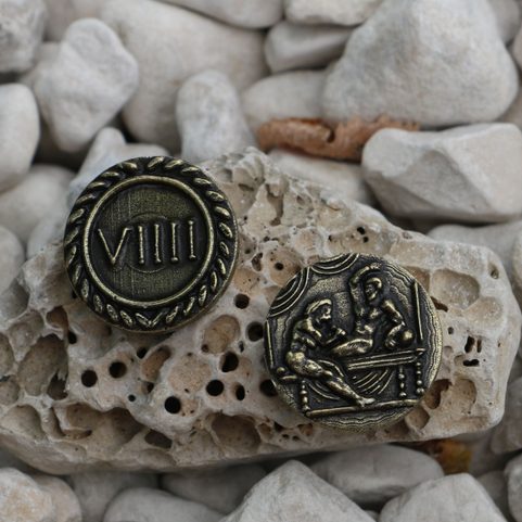 7 DAYS OF PLEASURE EROTIC COINS SET AND POUCH - POMPEII, ANTIQUE BRASS