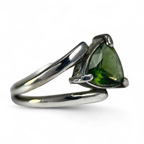 MOLDAVITE RING, TRILLION CUT, STERLING SILVER