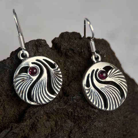 SHELL, PRAGUE ART NOUVEAU, EARRINGS SILVER 925, GARNET