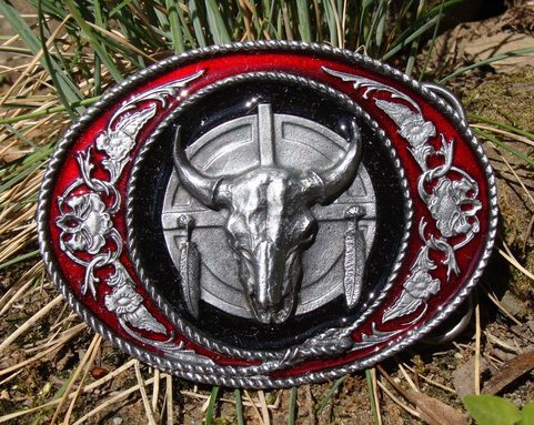 THE BUFFALO SKULL AND FEATHERS, BELT BUCKLE