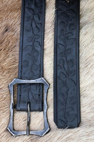PINE CONES, FORESTRY LEATHER BELT WITH FORGED BUCKLE, BLACK