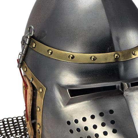 PIG FACE HELMET, CHAIN MAIL AND BRASS