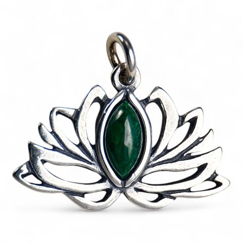 SACRED LOTUS FLOWER, SILVER PENDANT - MALACHITE