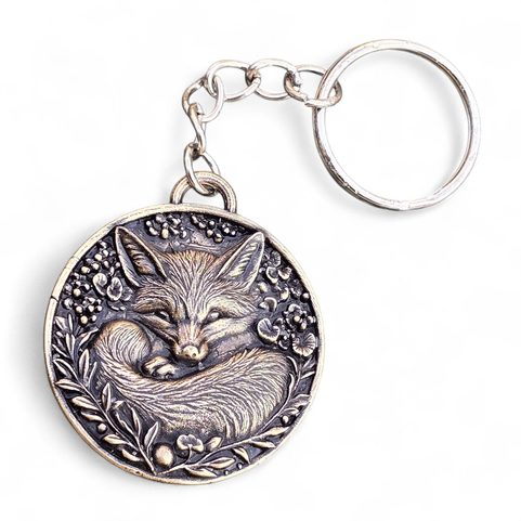 SLEEPING FOX, KEYCHAIN, ZINC, OLD BRASS