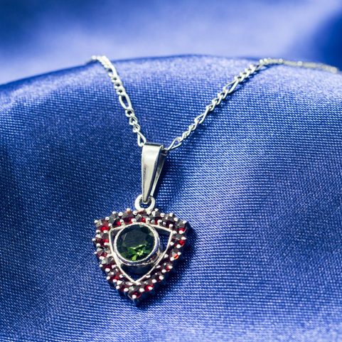 CENTAURI, MOLDAVITE, GARNET, SILVER PENDANT