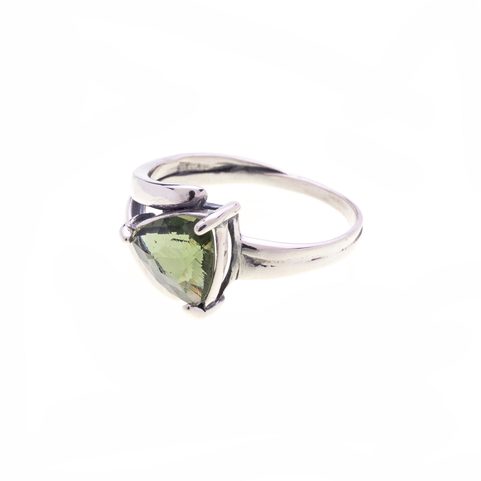 MOLDAVITE RING, TRILLION CUT, STERLING SILVER