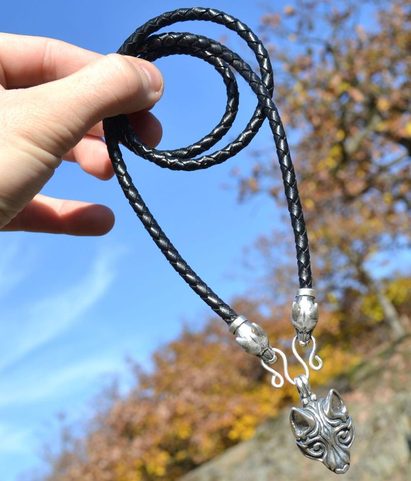 FENRIR VIKING WOLF, NECKLACE, STERLING SILVER 925, 34 G., LEATHER