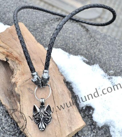 VIKING WOLF BRAIDED LEATHER BOLO, LEATHER AND PEWTER