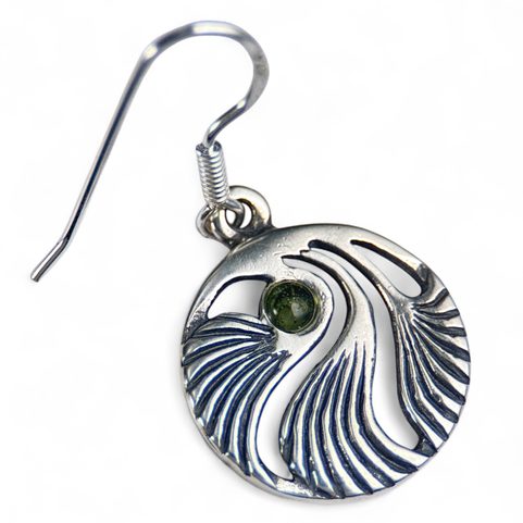 COQUILLAGE AVEC MOLDAVITE, PRAGUE ART NOUVEAU, BOUCLES D'OREILLES ARGENT 925
