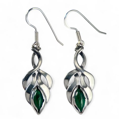 ELVISH EARRINGS, MALACHITE, STERLING SILVER