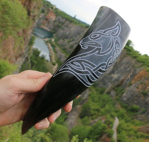 CELTIC WOLF, CARVED DRINKING HORN