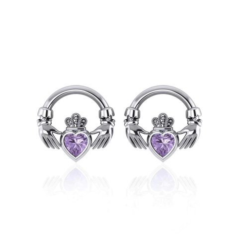 SILVER CLADDAGH EARRINGS WITH GLASS